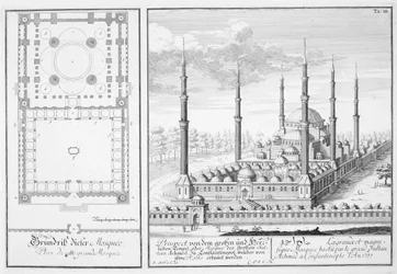 A Kék mecset alaprajza és látképe (1609-16), I. Ahmed szultán (1603-17) építtette, Isztambul, az „Entwurf einer historischen Architektur” című műből, 1721